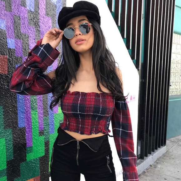 off the shoulder flannel crop top